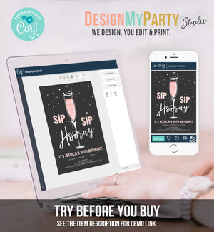Editable Sip Sip Hooray Birthday Invitation Adult Surprise Party Rustic Chalk 30th Champagne Brunch and Bubbly Printable Corjl Template 0252