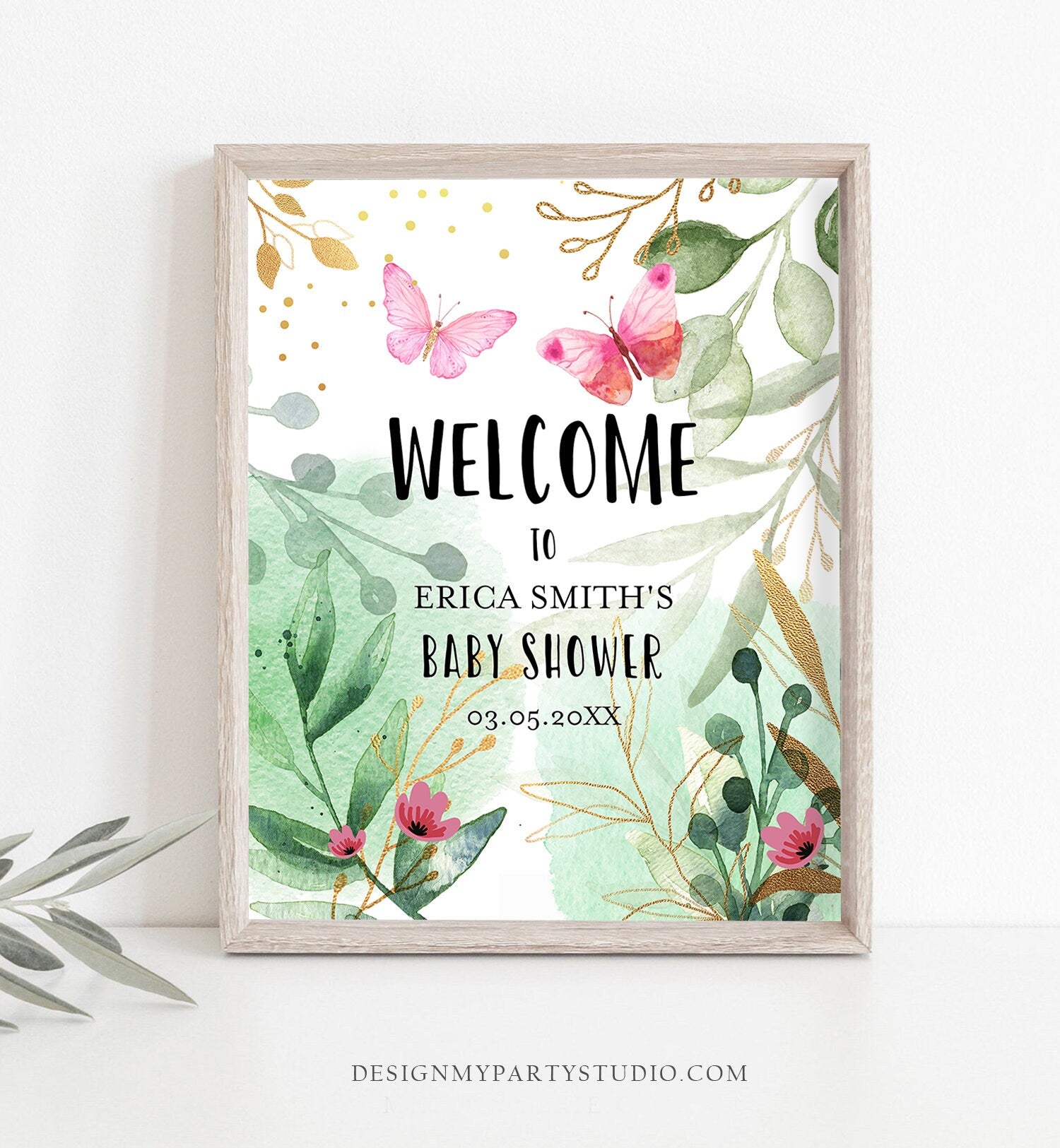 Editable Butterfly Welcome Sign Butterfly Baby Shower Spring Pink Gold Greenery Couples Shower Girl Table Sign Corjl Template Printable 0170