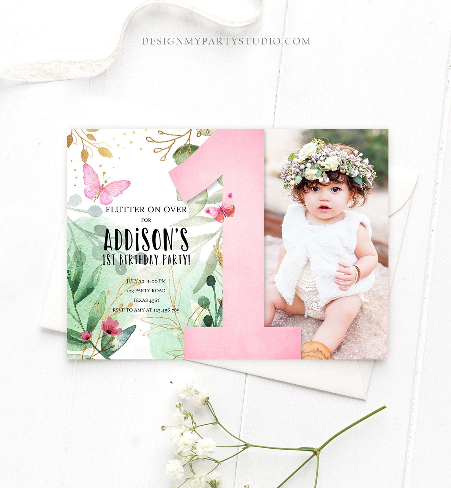 Editable Butterfly 1st Birthday Invitation Butterfly Invitation Garden Floral Flowers Pink Gold Girl Download Printable Template Corjl 0170