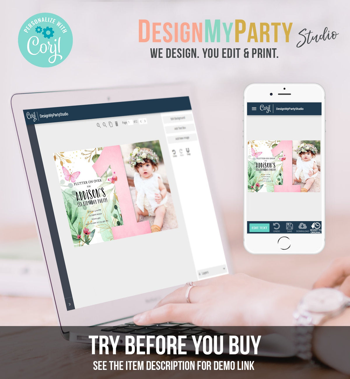 Editable Butterfly 1st Birthday Invitation Butterfly Invitation Garden Floral Flowers Pink Gold Girl Download Printable Template Corjl 0170