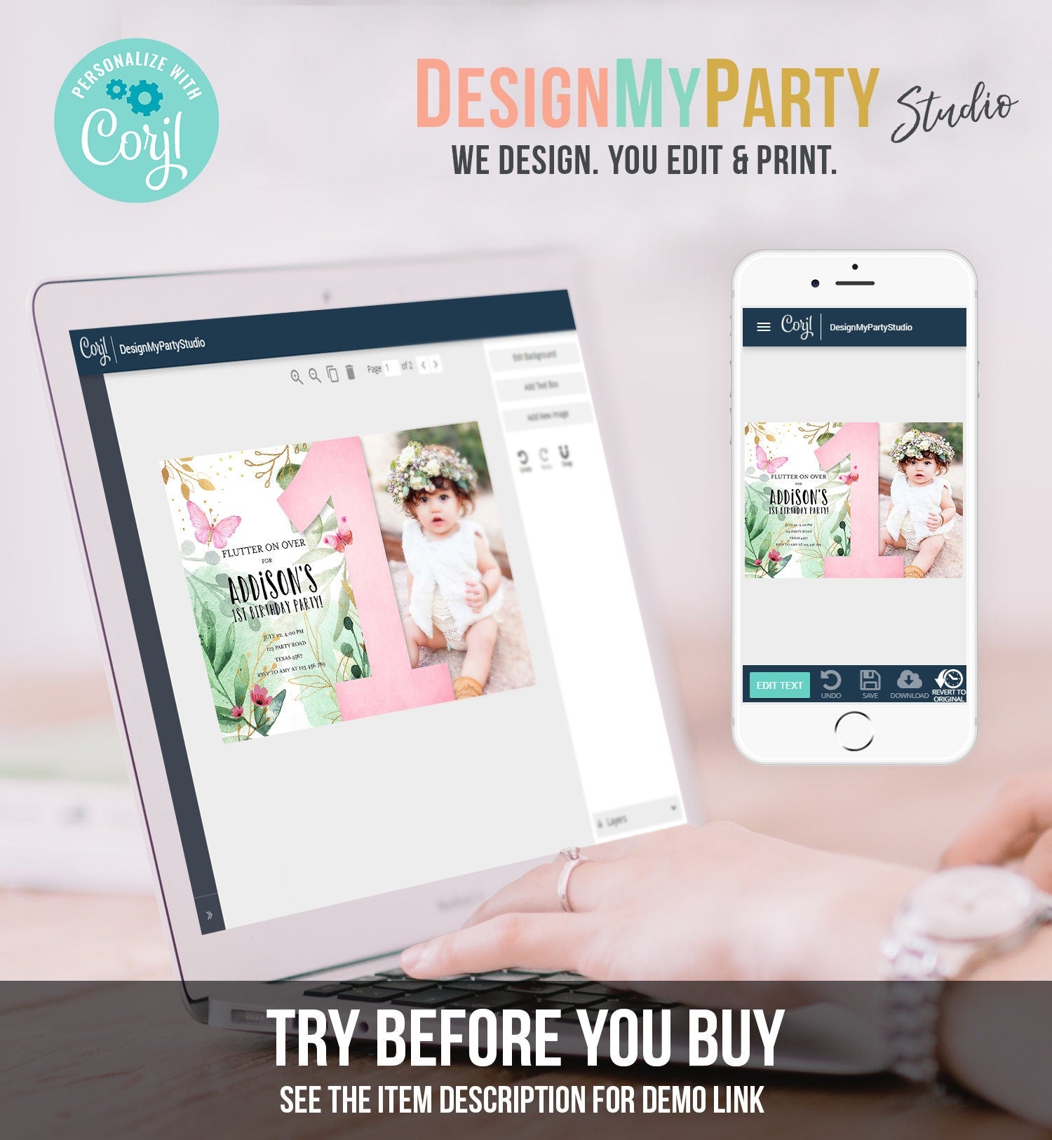 Editable Butterfly 1st Birthday Invitation Butterfly Invitation Garden Floral Flowers Pink Gold Girl Download Printable Template Corjl 0170