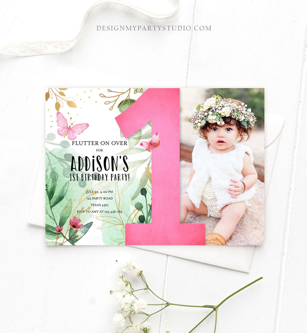 Editable Butterfly 1st Birthday Invitation Butterfly Invitation Garden Floral Flowers Pink Gold Girl Download Printable Template Corjl 0170