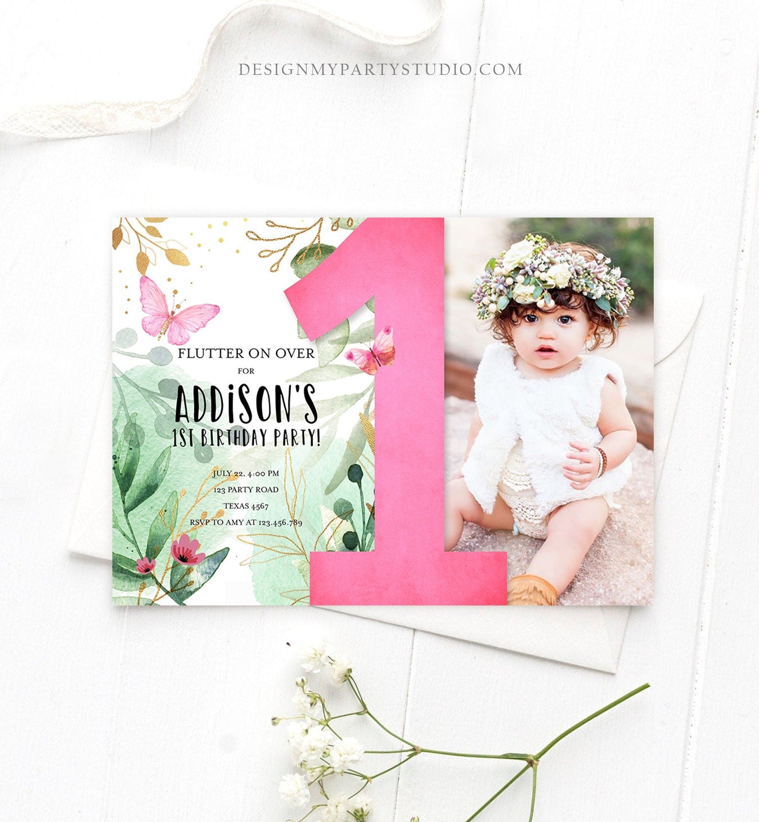 Editable Butterfly 1st Birthday Invitation Butterfly Invitation Garden Floral Flowers Pink Gold Girl Download Printable Template Corjl 0170
