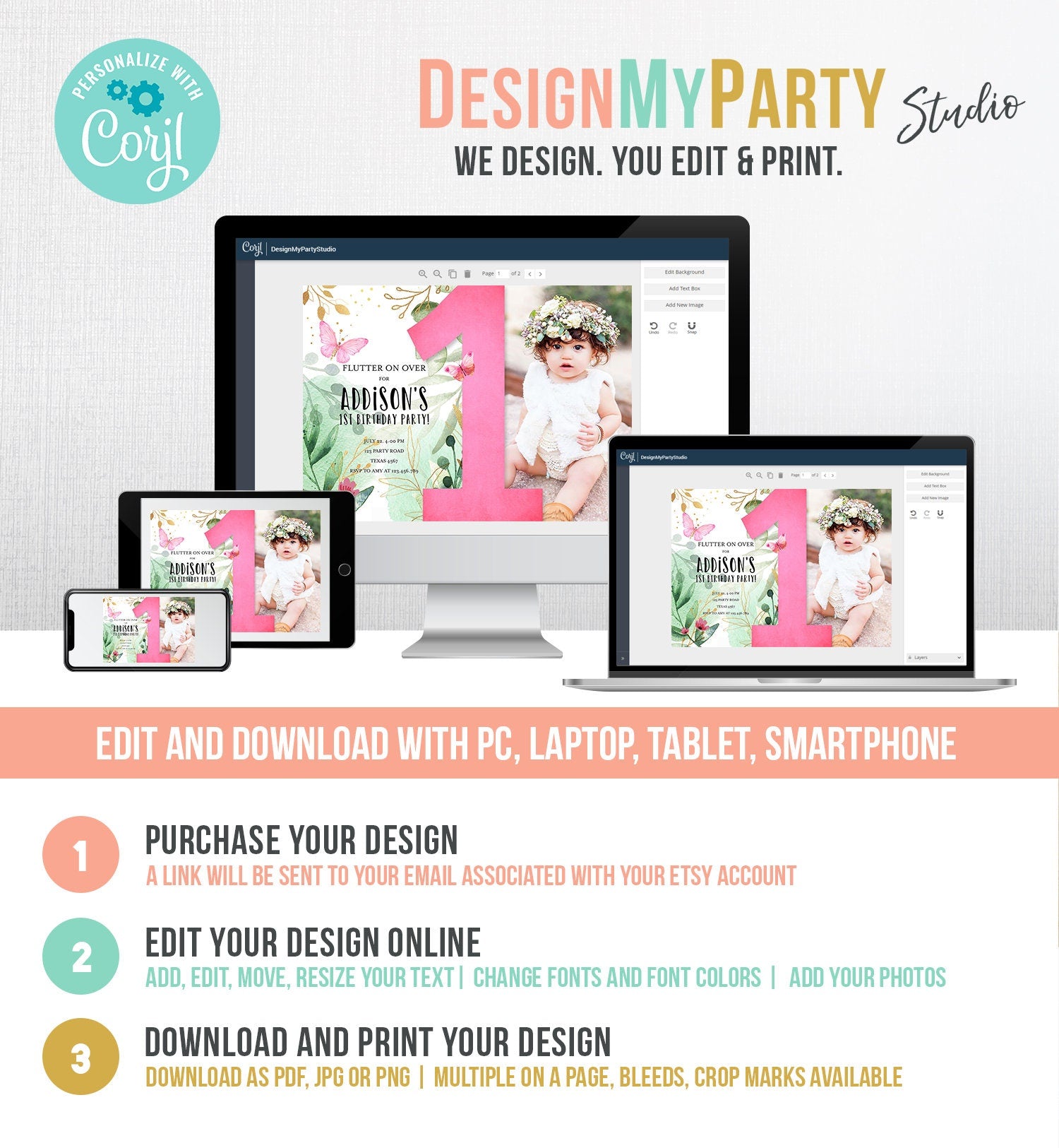 Editable Butterfly 1st Birthday Invitation Butterfly Invitation Garden Floral Flowers Pink Gold Girl Download Printable Template Corjl 0170