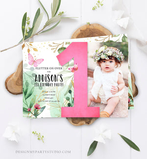 Editable Butterfly 1st Birthday Invitation Butterfly Invitation Garden Floral Flowers Pink Gold Girl Download Printable Template Corjl 0170