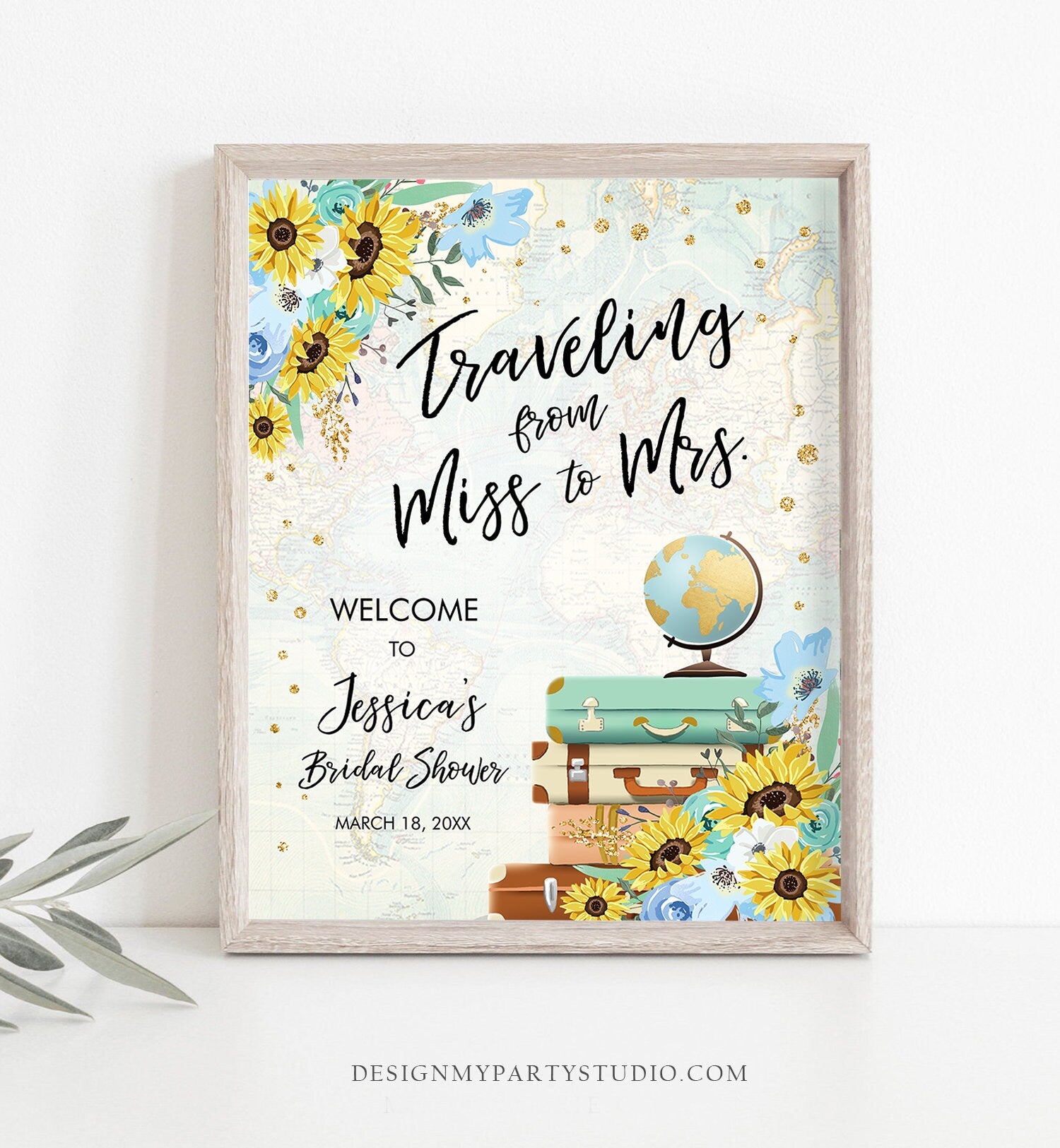 Editable Miss to Mrs Welcome Sign Sunflowers Bridal Shower Traveling From Adventure Love is a Journey Floral Blue Teal Corjl Template 0030