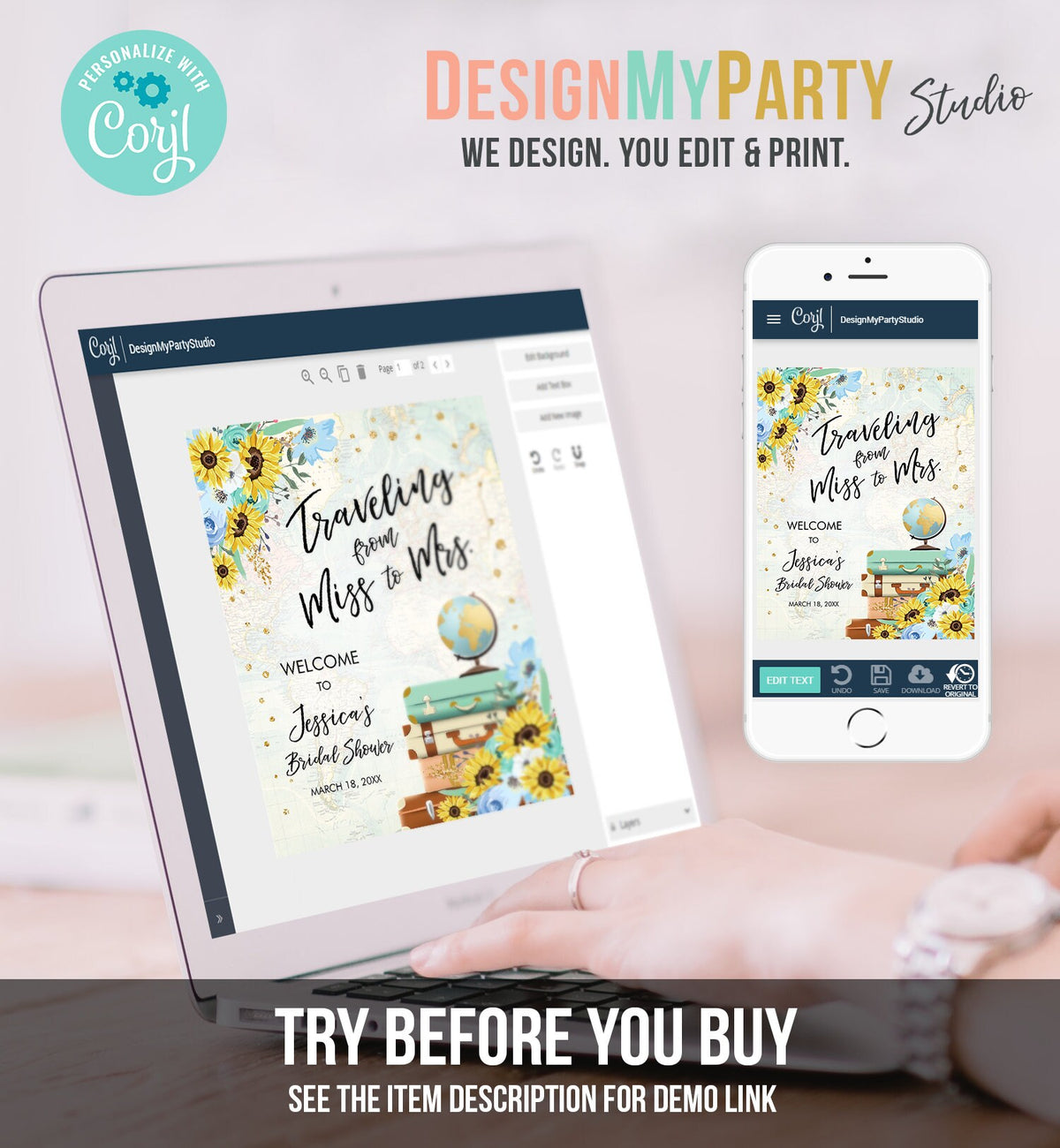 Editable Miss to Mrs Welcome Sign Sunflowers Bridal Shower Traveling From Adventure Love is a Journey Floral Blue Teal Corjl Template 0030