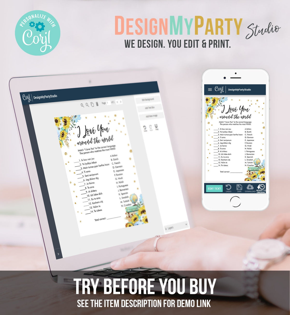 Editable Travel Bridal Shower Game I Love You Around the World Sunflowers Wedding Shower Activity Floral Corjl Template Printable 0030