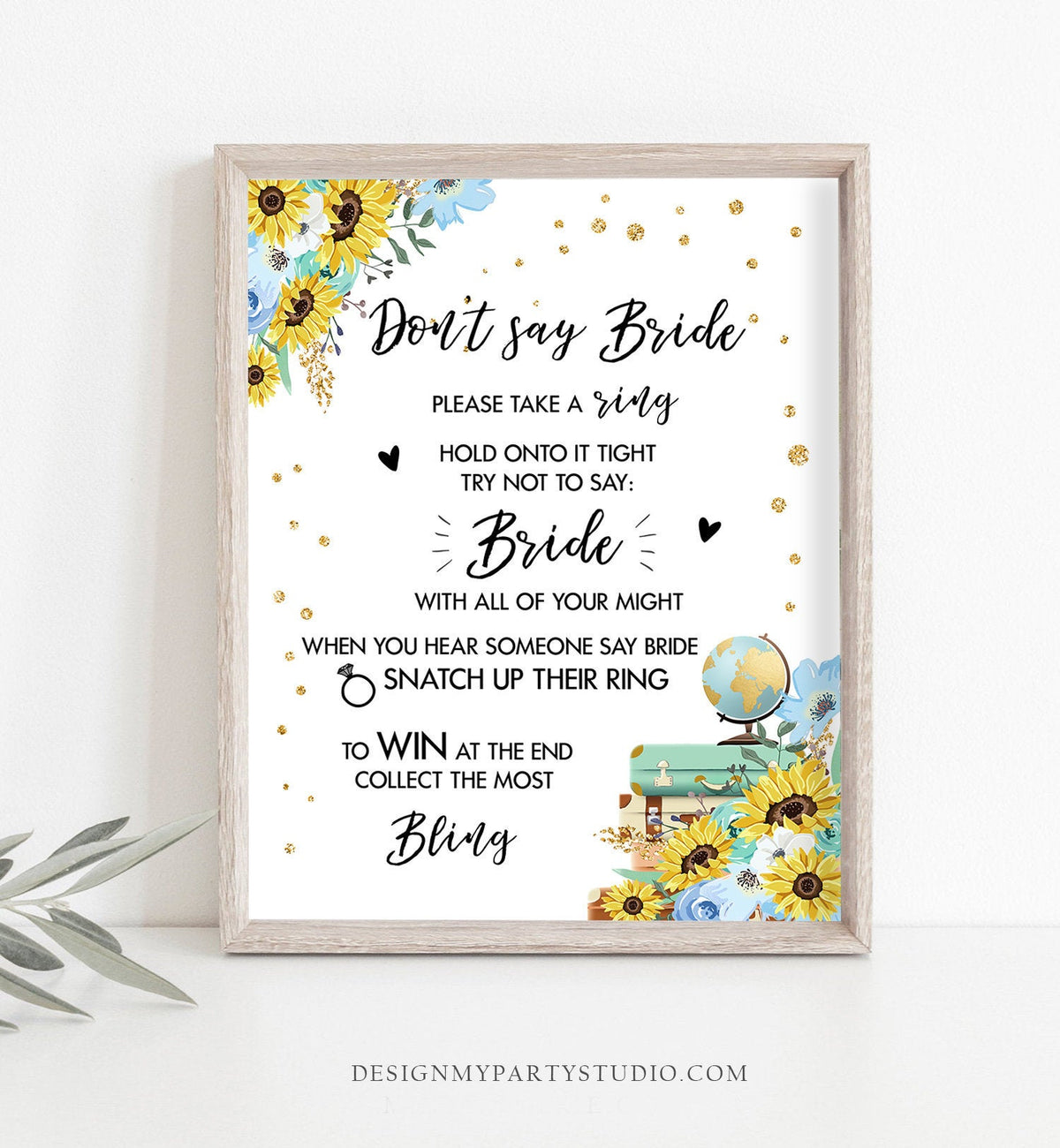 Bridal Shower Game Don't Say Bride Traveling from Miss to Mrs Adventure Take a Ring Game Shower Sunflowers Instant Download PRINTABLE 0030
