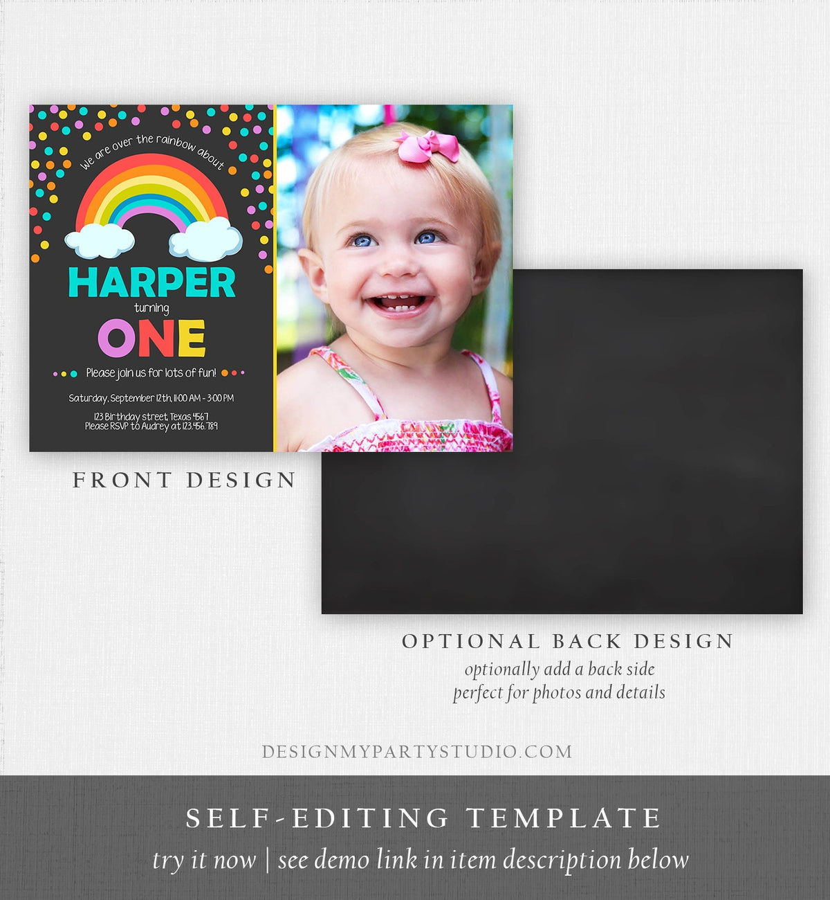 Editable Rainbow Birthday Invitation Kids Girl Boy Neutral Party Clouds Colorful Rainbow Colors Printable Corjl Template Digital 0106