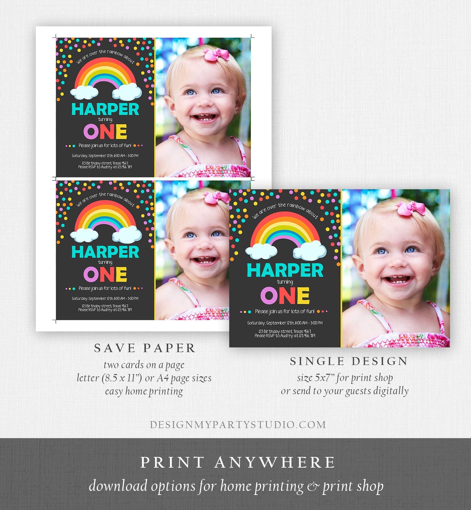 Editable Rainbow Birthday Invitation Kids Girl Boy Neutral Party Clouds Colorful Rainbow Colors Printable Corjl Template Digital 0106