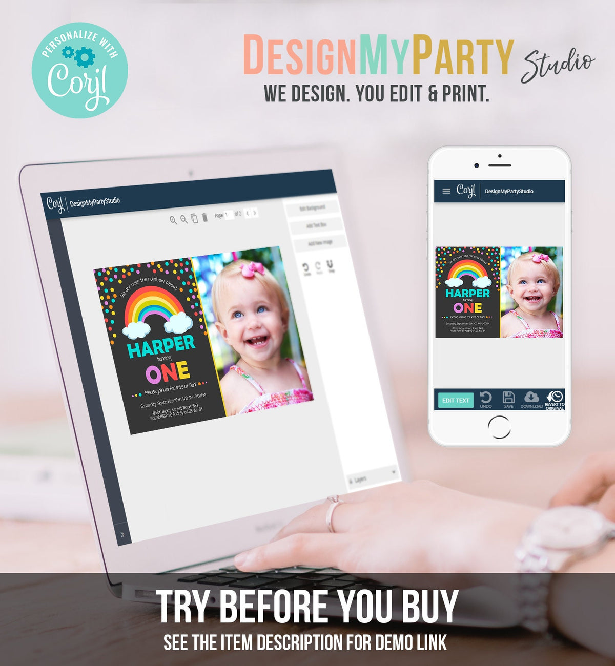 Editable Rainbow Birthday Invitation Kids Girl Boy Neutral Party Clouds Colorful Rainbow Colors Printable Corjl Template Digital 0106