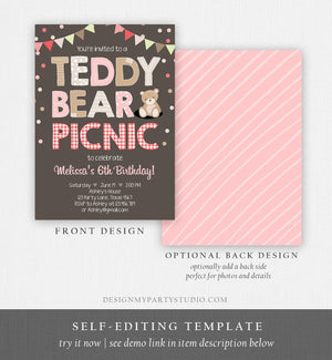 Editable Teddy Bear Picnic Birthday Invitation Girl Pink Red Gingham Bear Picnic Summer Outdoor Party Printable Digital Corjl Template 0100