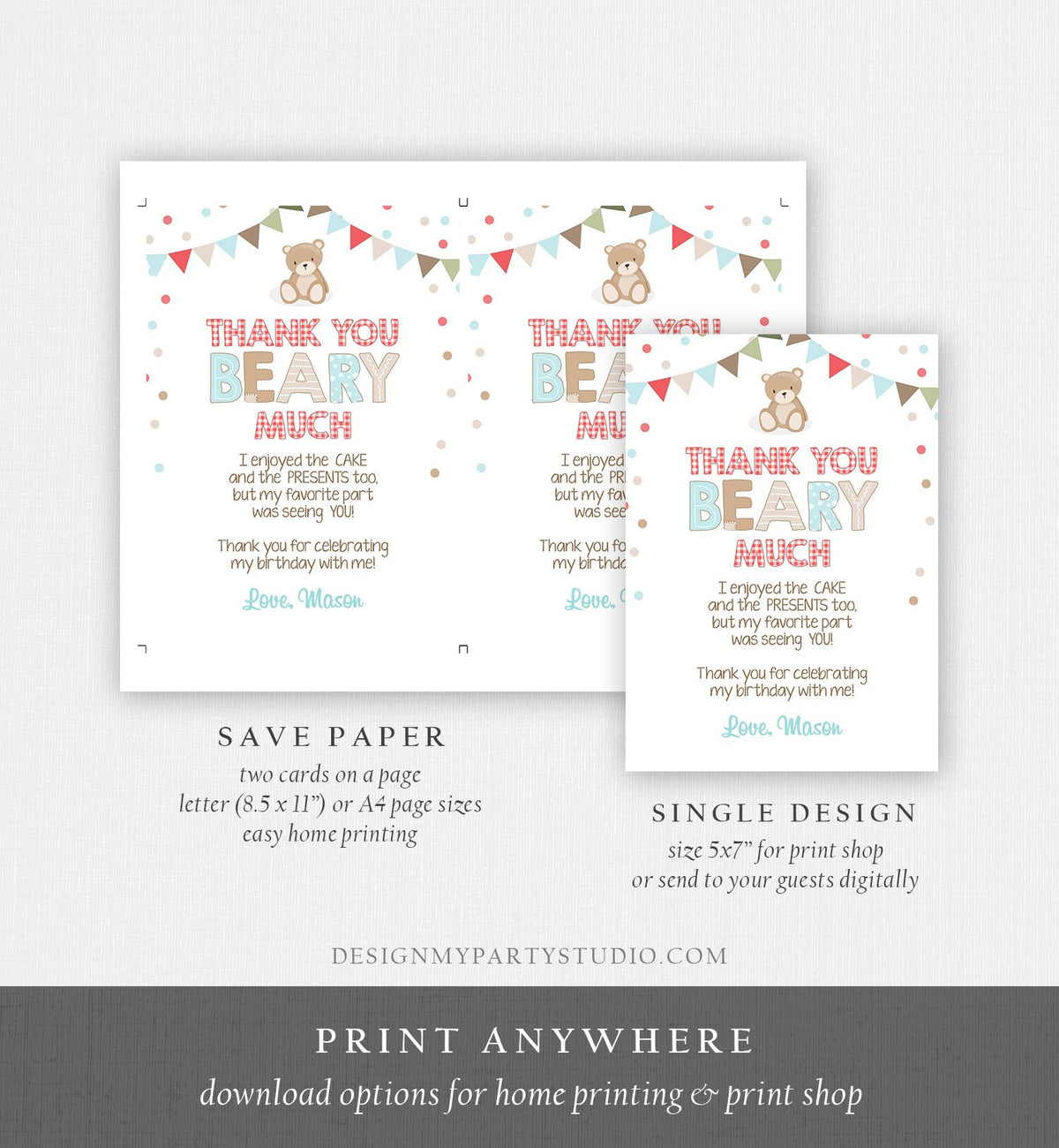 Editable Thank You Card Teddy Bear Birthday Picnic Beary Much Boy Blue Woodland Download Printable Thank You Template Digital Corjl 0100