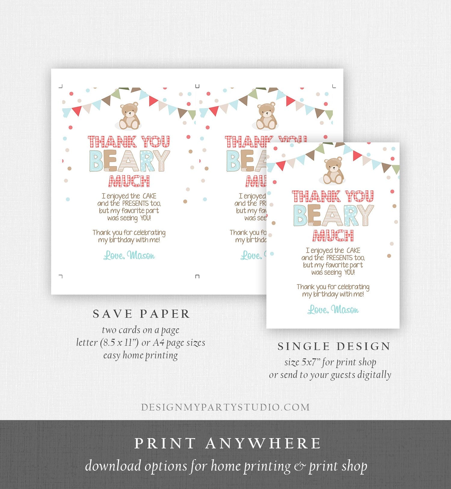 Editable Thank You Card Teddy Bear Birthday Picnic Beary Much Boy Blue Woodland Download Printable Thank You Template Digital Corjl 0100