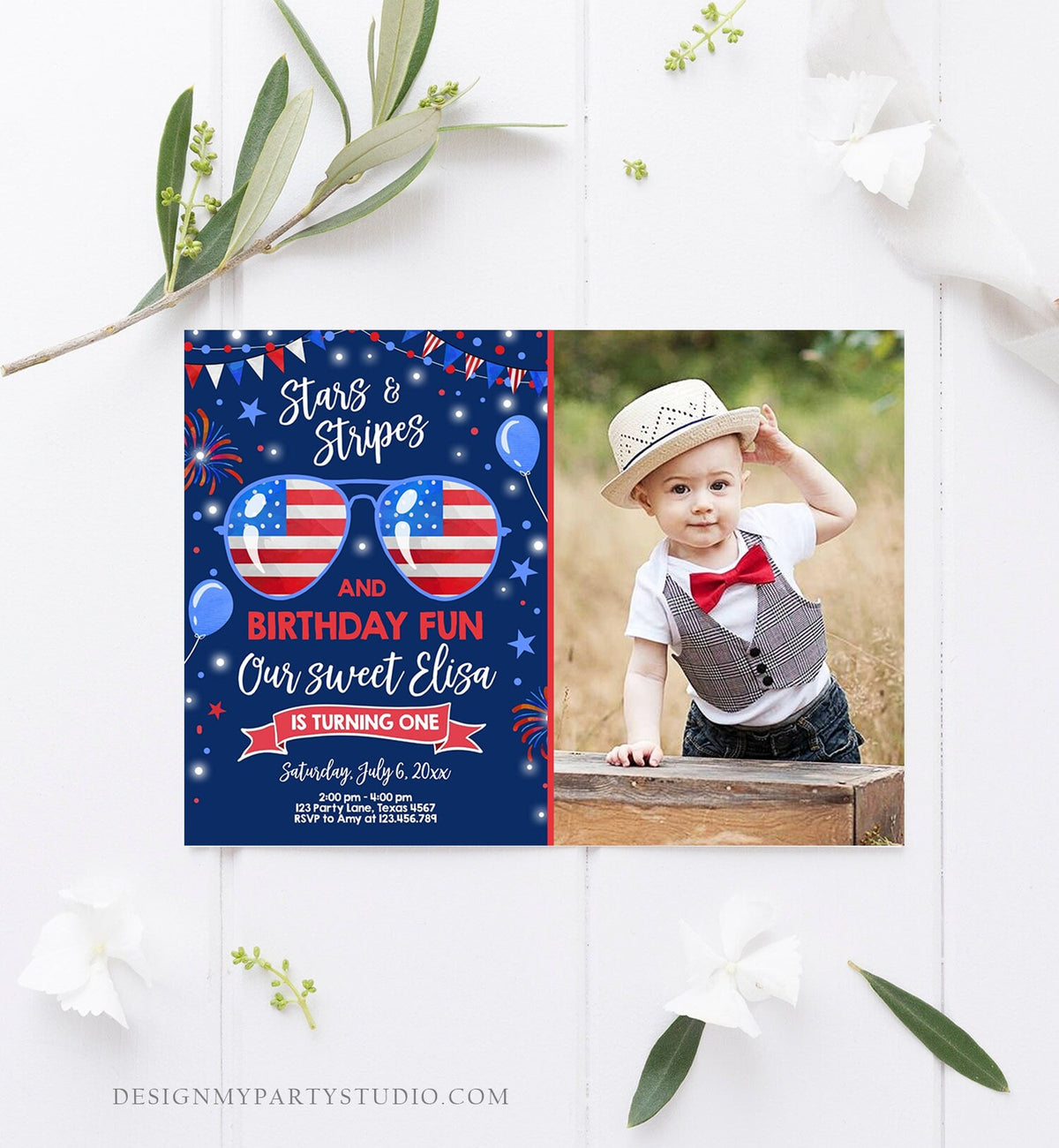 Editable Memorial Day Birthday Invitation 4th of July Little Firecracker Stars and Stripes Red White Blue Template Corjl Digital 0122