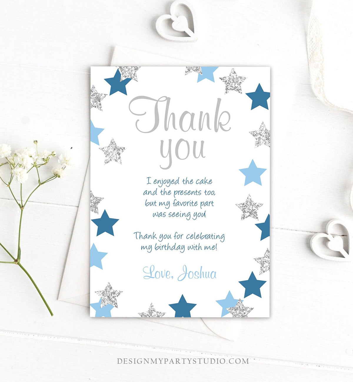 Editable Thank You Card Stars Thank you Note Twinkle Little Star Birthday Boy Blue and Silver Download Printable Template Corjl Digital 0082