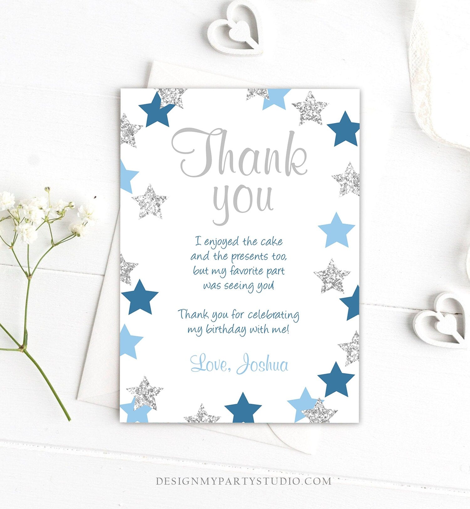 Editable Thank You Card Stars Thank you Note Twinkle Little Star Birthday Boy Blue and Silver Download Printable Template Corjl Digital 0082