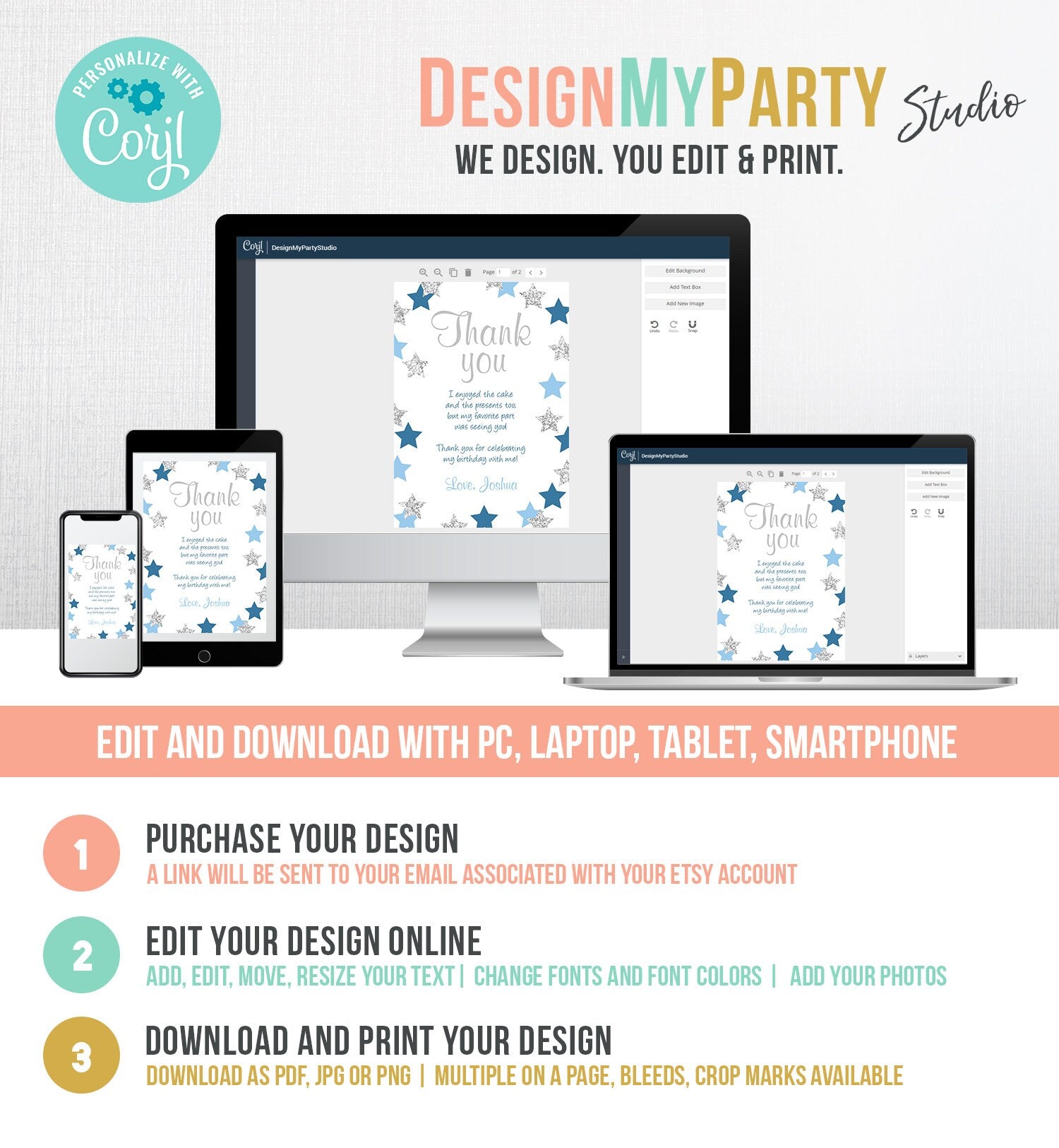 Editable Thank You Card Stars Thank you Note Twinkle Little Star Birthday Boy Blue and Silver Download Printable Template Corjl Digital 0082