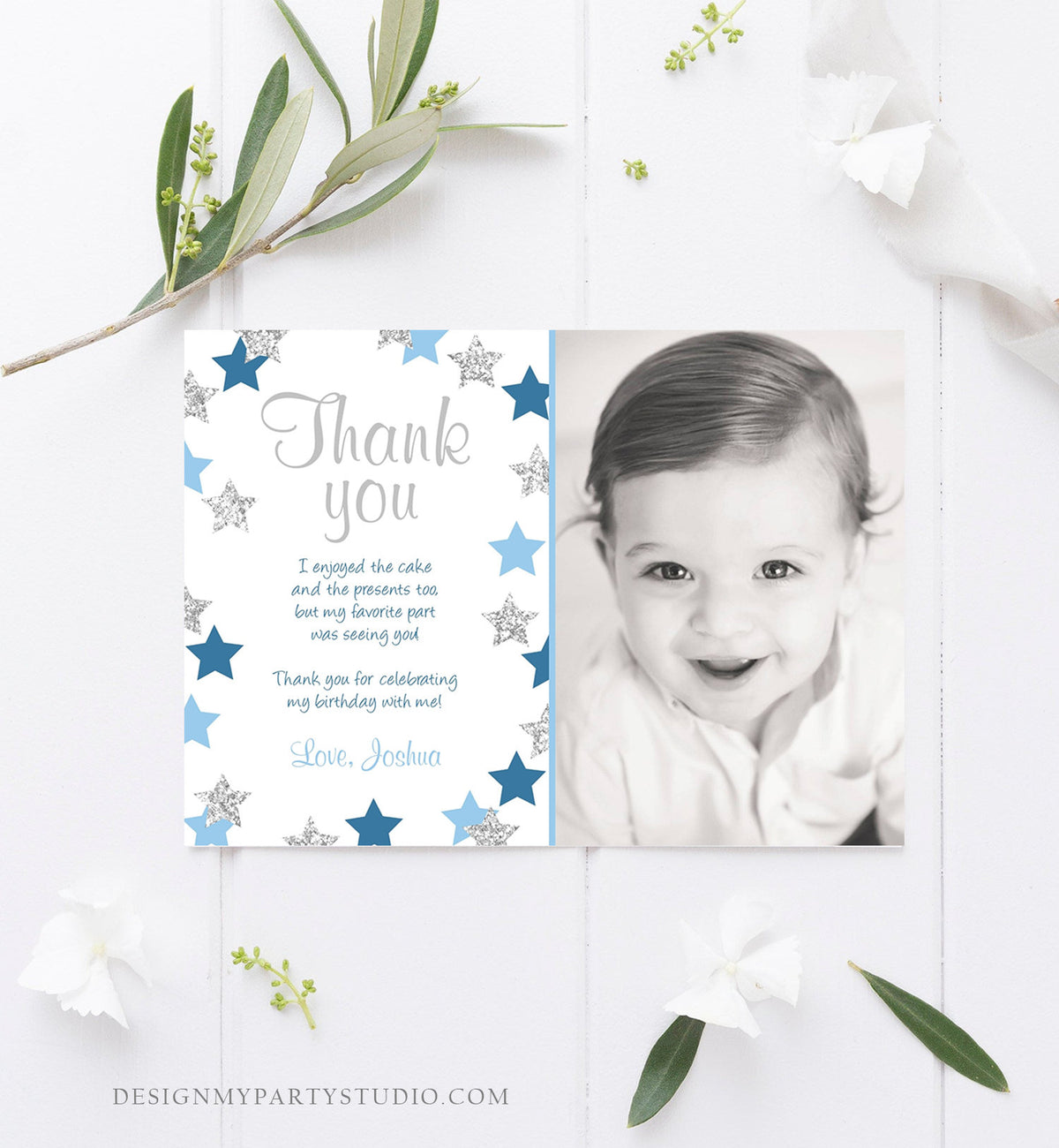 Editable Thank You Card Stars Thank you Note Twinkle Little Star Birthday Boy Blue and Silver Download Printable Template Corjl Digital 0082