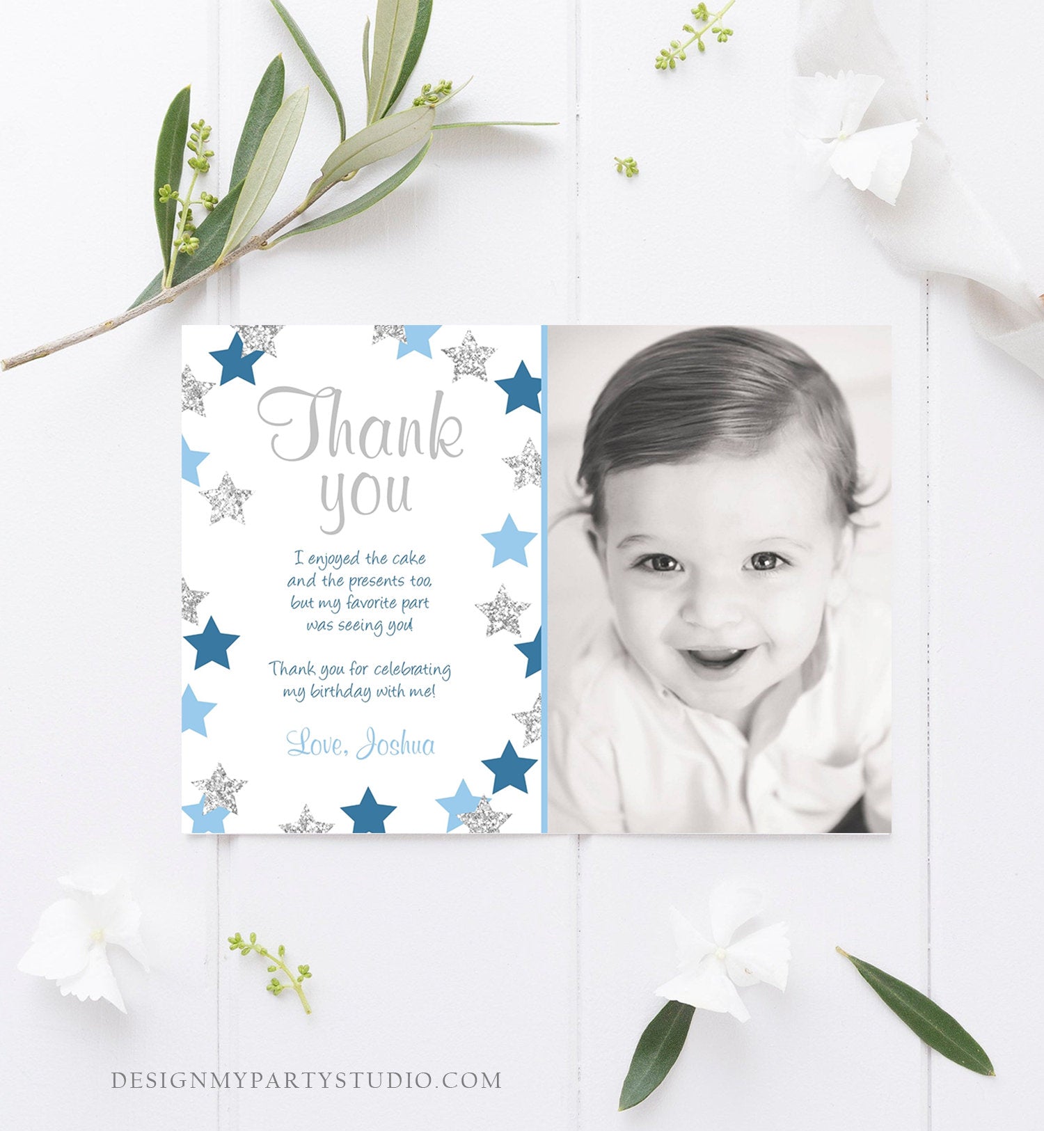 Editable Thank You Card Stars Thank you Note Twinkle Little Star Birthday Boy Blue and Silver Download Printable Template Corjl Digital 0082