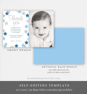Editable Thank You Card Stars Thank you Note Twinkle Little Star Birthday Boy Blue and Silver Download Printable Template Corjl Digital 0082