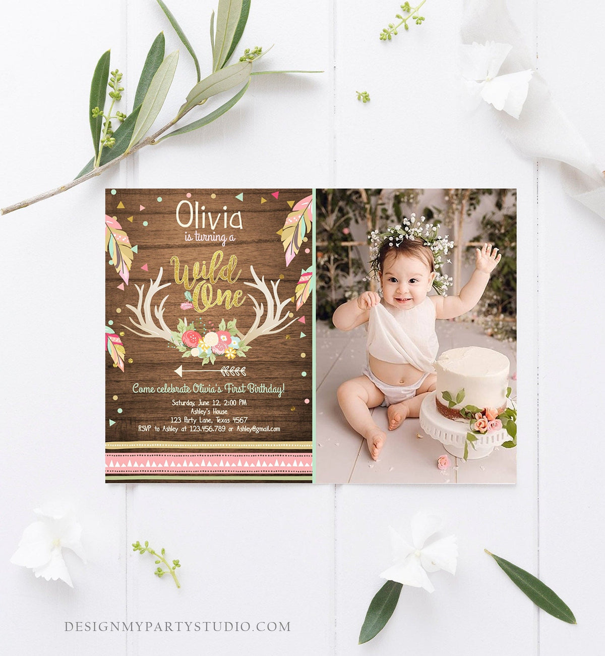 Editable Birthday Invitation Wild One Girl Antler Tribal Arrow Feathers First Birthday Wood Pink Gold Download Printable Template Corjl 0073