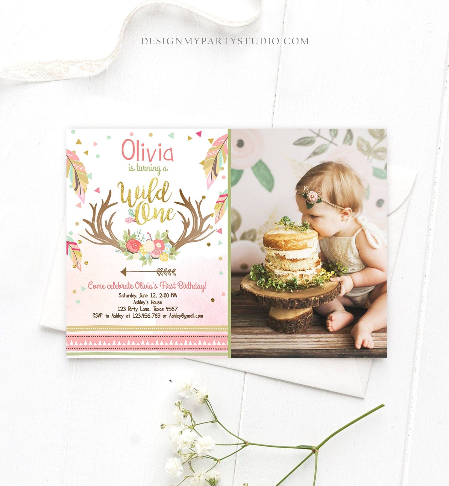 Editable Birthday Invitation Wild One Girl Antler Tribal Arrow Feathers First Birthday Pink Gold Download Printable Template Corjl 0073
