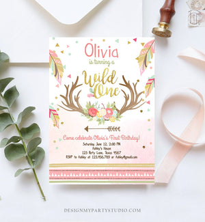 Editable Birthday Invitation Wild One Girl Antler Tribal Arrow Feathers First Birthday Pink Gold Download Printable Template Corjl 0073