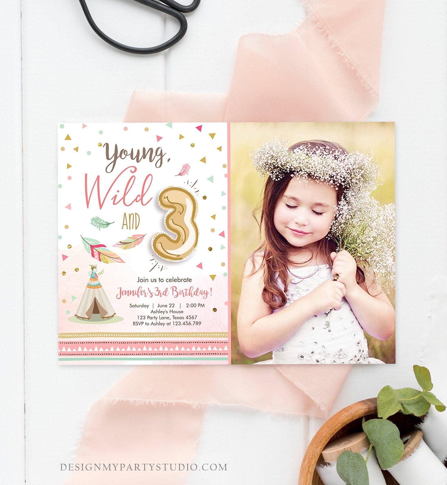 Editable Young Wild and Three Birthday Invitation Girl Pink and Gold 3rd Birthday Download Printable Invite Template Corjl Digital 0073