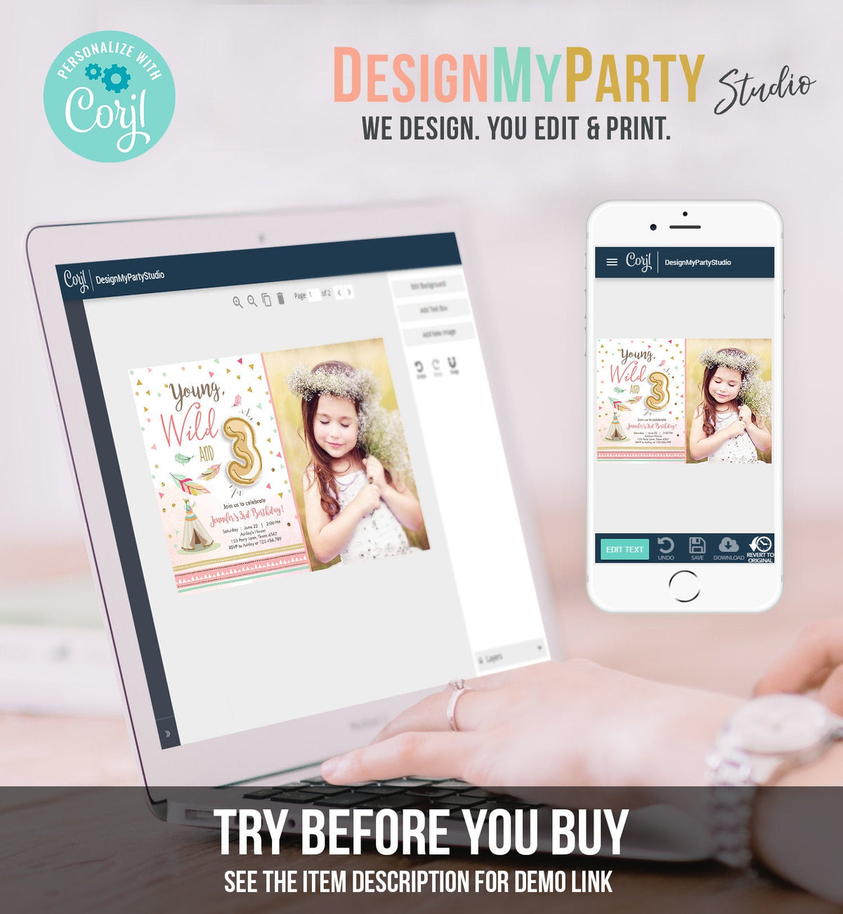 Editable Young Wild and Three Birthday Invitation Girl Pink and Gold 3rd Birthday Download Printable Invite Template Corjl Digital 0073