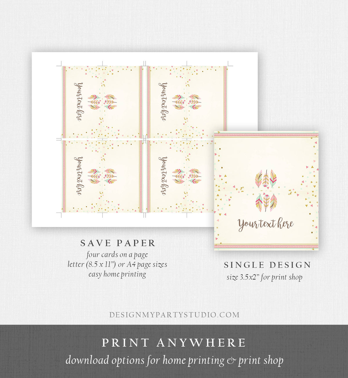 Editable Food Labels Feathers Wild One Place Card Birthday Tent Card Name Card Tribal Pink and Gold Girl Printable Template Corjl 0073