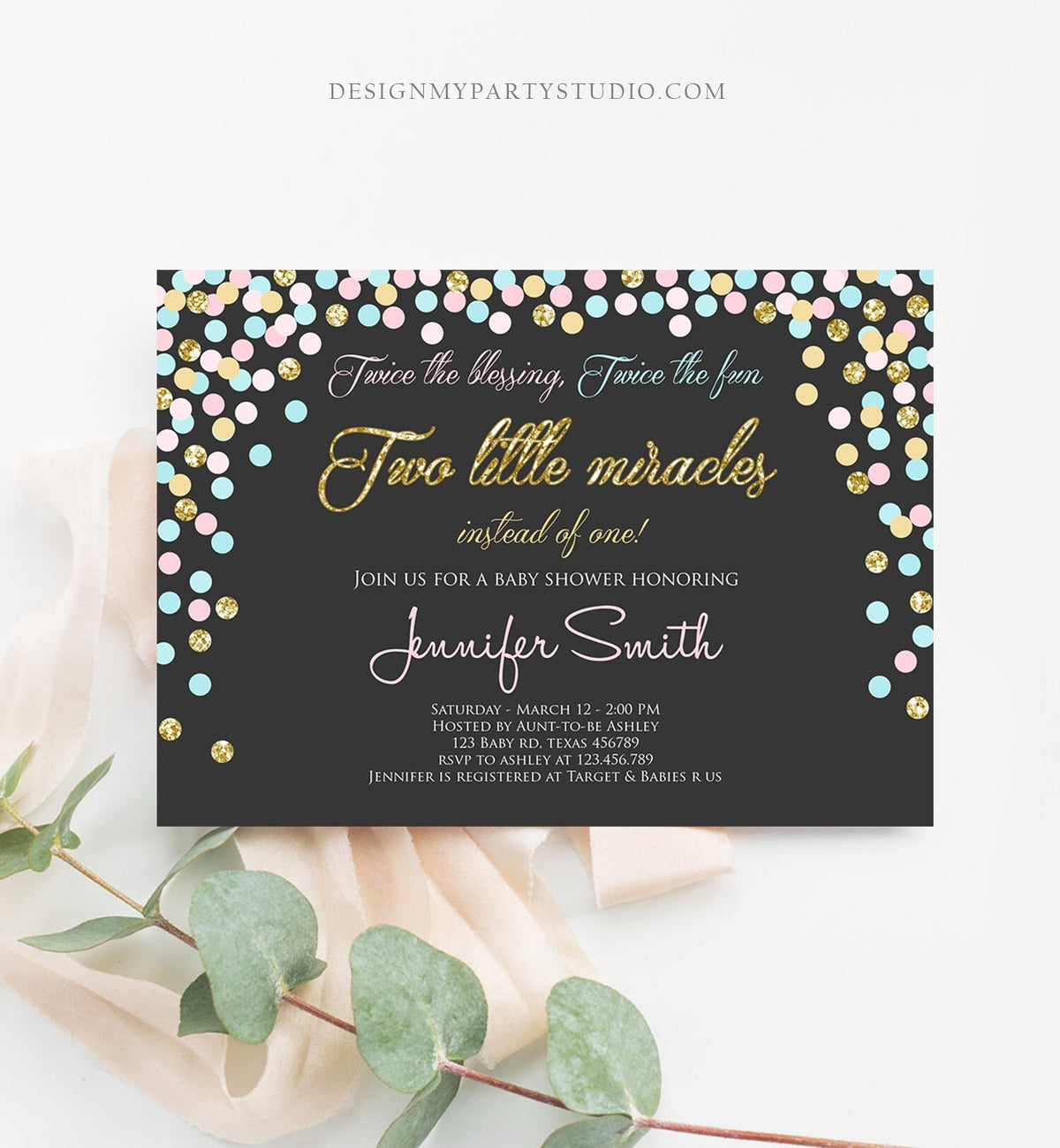 Editable Twins Baby Shower Invitation Twin Girls Blush Pink and Blue Gold Confetti Boy Girl Shower Invite Template Download Corjl 0133