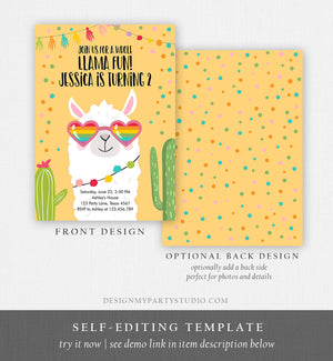 Editable Whole Llama Fun Birthday Invitation Fiesta Llama Cactus Mexican Party Yellow Sunglasses Girl Alpaca Corjl Template Printable 0079