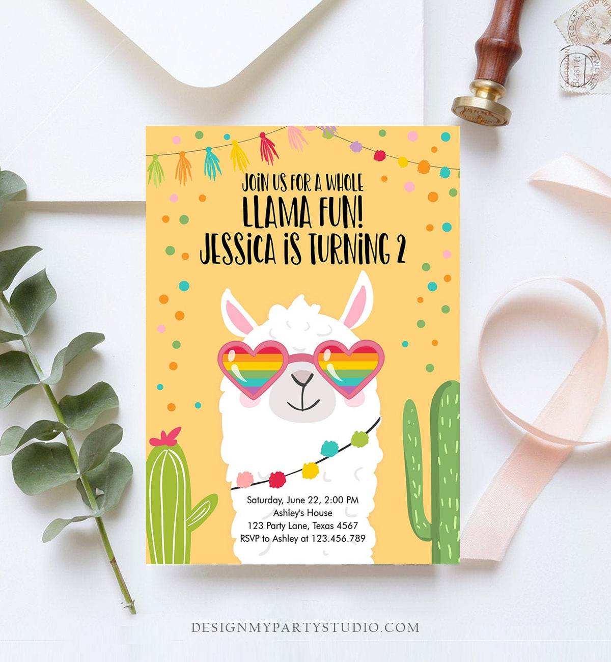 Editable Whole Llama Fun Birthday Invitation Fiesta Llama Cactus Mexican Party Yellow Sunglasses Girl Alpaca Corjl Template Printable 0079