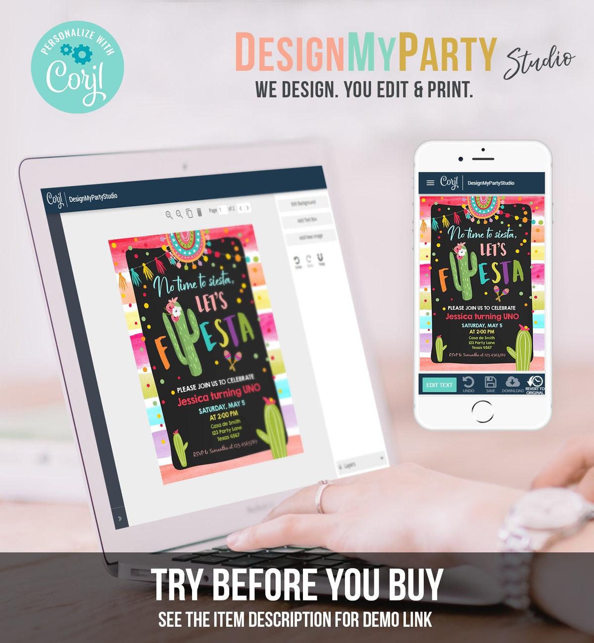 Editable Let&#39;s Fiesta Birthday Invitation Cactus Succulent First Birthday Party Girl 1st Mexican Uno Download Corjl Template Printable 0134