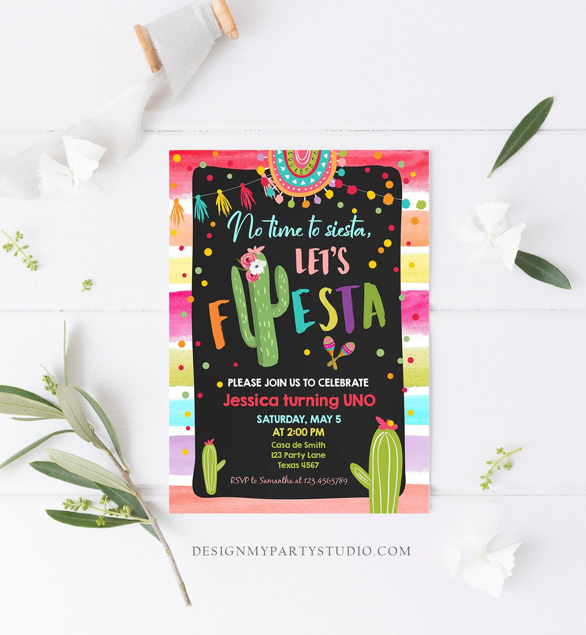 Editable Let&#39;s Fiesta Birthday Invitation Cactus Succulent First Birthday Party Girl 1st Mexican Uno Download Corjl Template Printable 0134