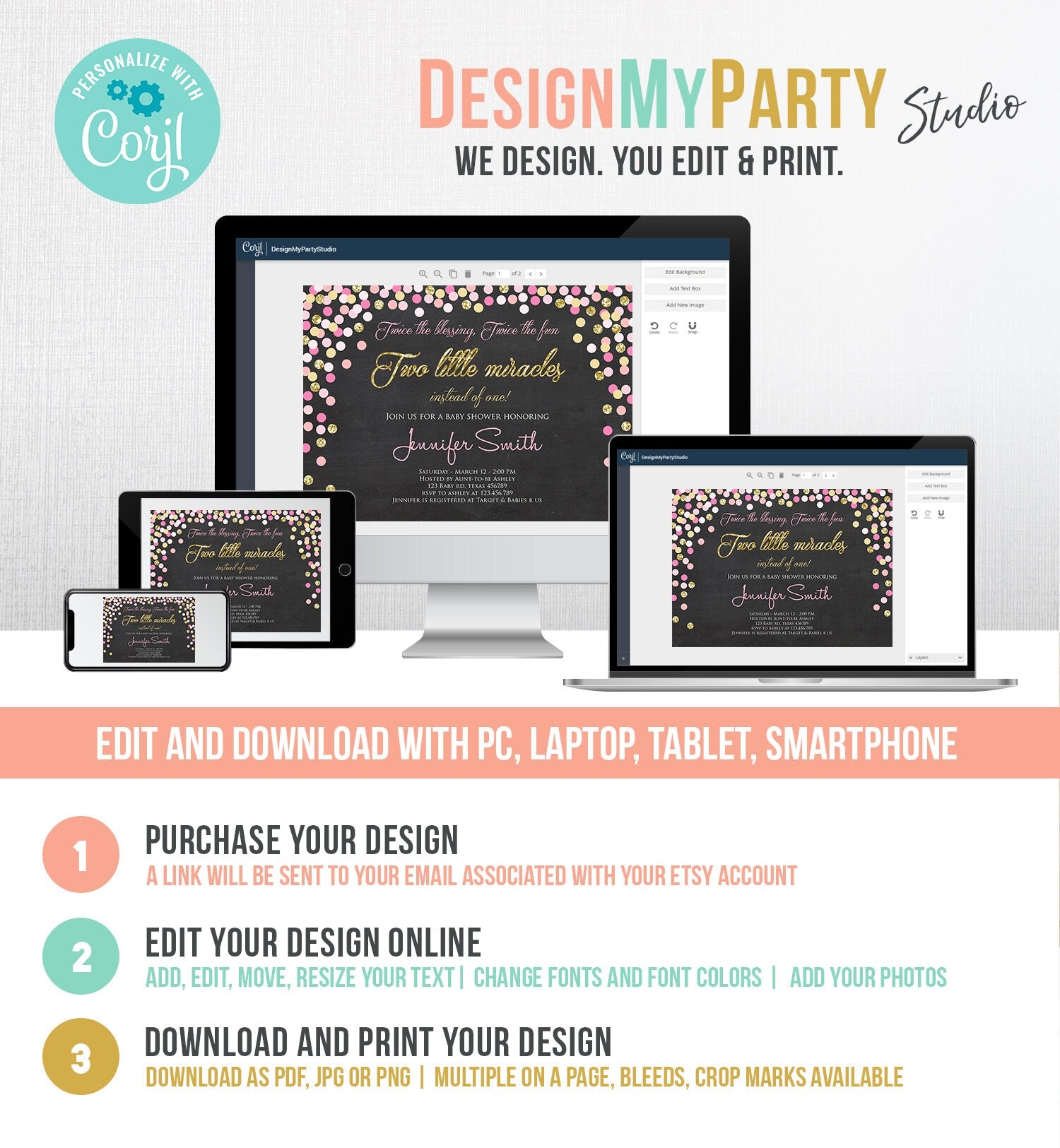 Editable Twin Girls Baby Shower Invitation Twin Girls Blush Pink and Blue Gold Confetti Boy Girl Shower Invite Template Download Corjl 0133