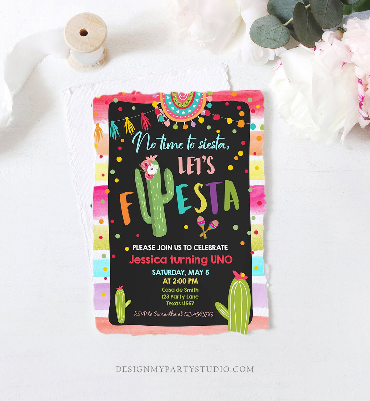 Editable Let&#39;s Fiesta Birthday Invitation Cactus Succulent First Birthday Party Girl 1st Mexican Uno Download Corjl Template Printable 0134