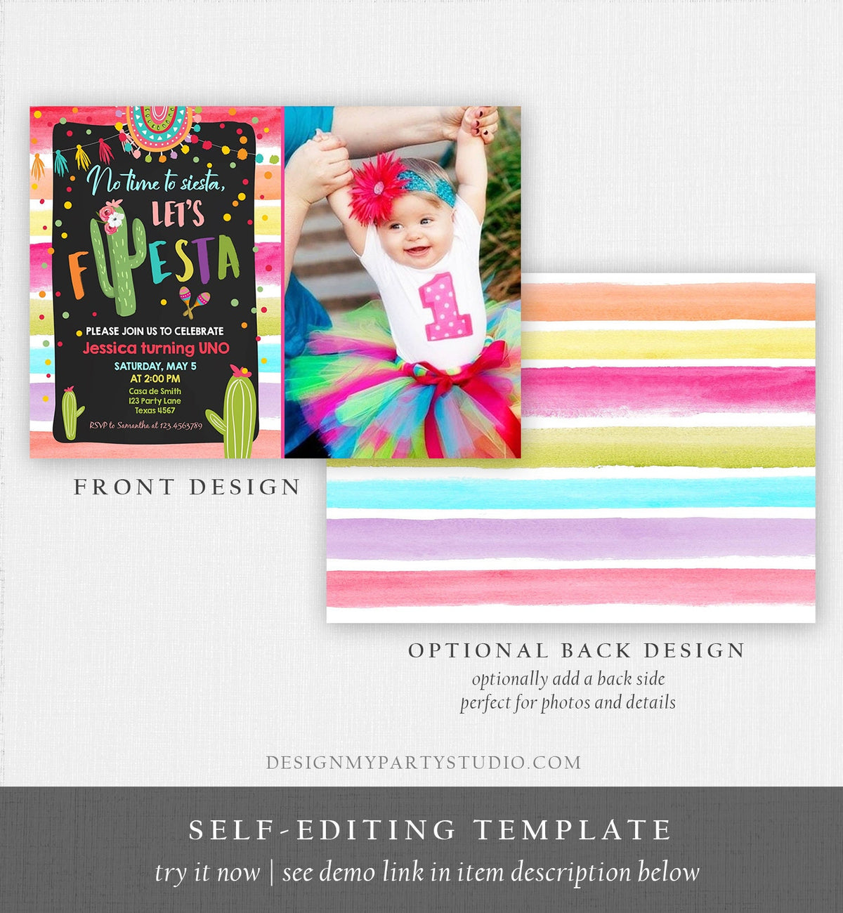 Editable Let&#39;s Fiesta Birthday Invitation Cactus Succulent First Birthday Party Girl 1st Mexican Uno Download Corjl Template Printable 0134