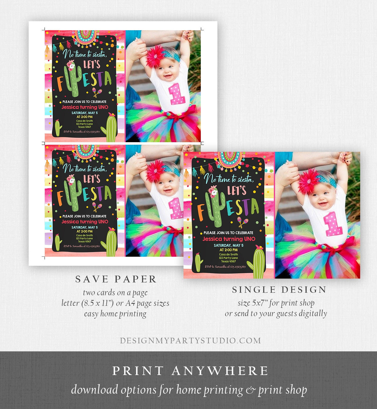 Editable Let&#39;s Fiesta Birthday Invitation Cactus Succulent First Birthday Party Girl 1st Mexican Uno Download Corjl Template Printable 0134