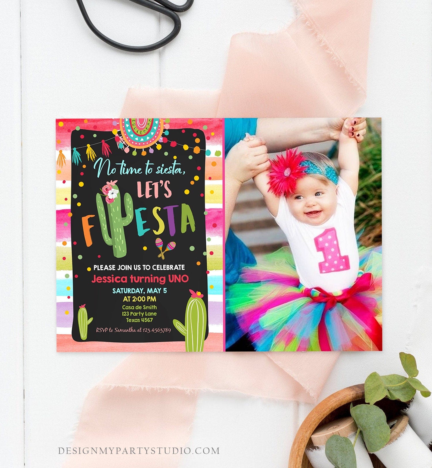 Editable Let's Fiesta Birthday Invitation Cactus Succulent First Birthday Party Girl 1st Mexican Uno Download Corjl Template Printable 0134
