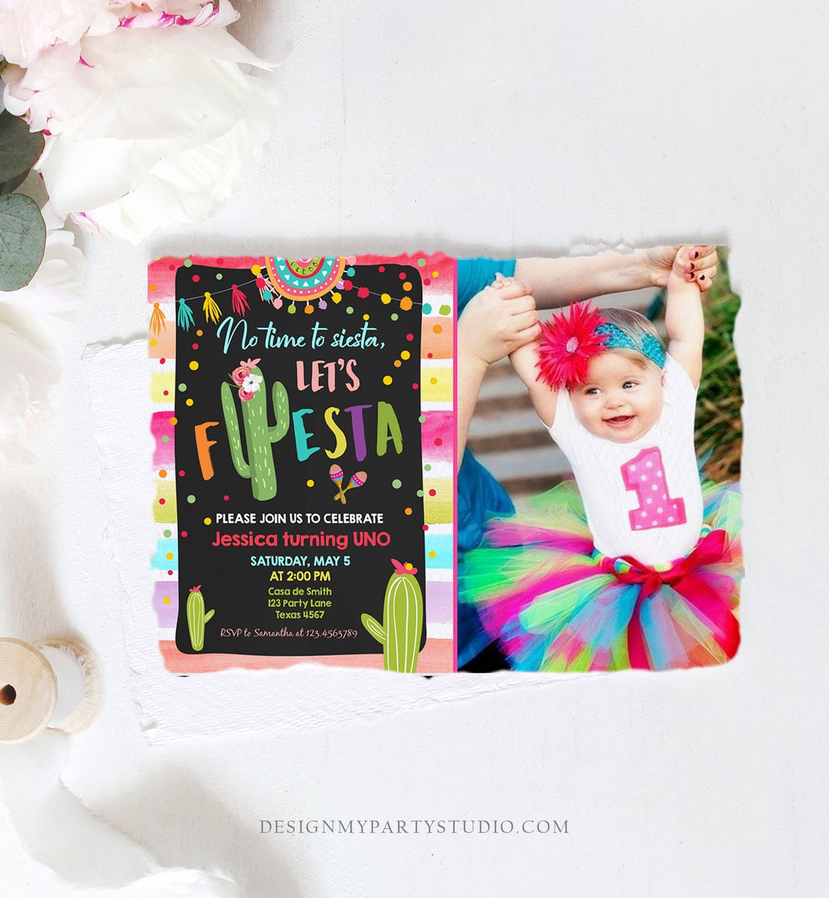 Editable Let&#39;s Fiesta Birthday Invitation Cactus Succulent First Birthday Party Girl 1st Mexican Uno Download Corjl Template Printable 0134