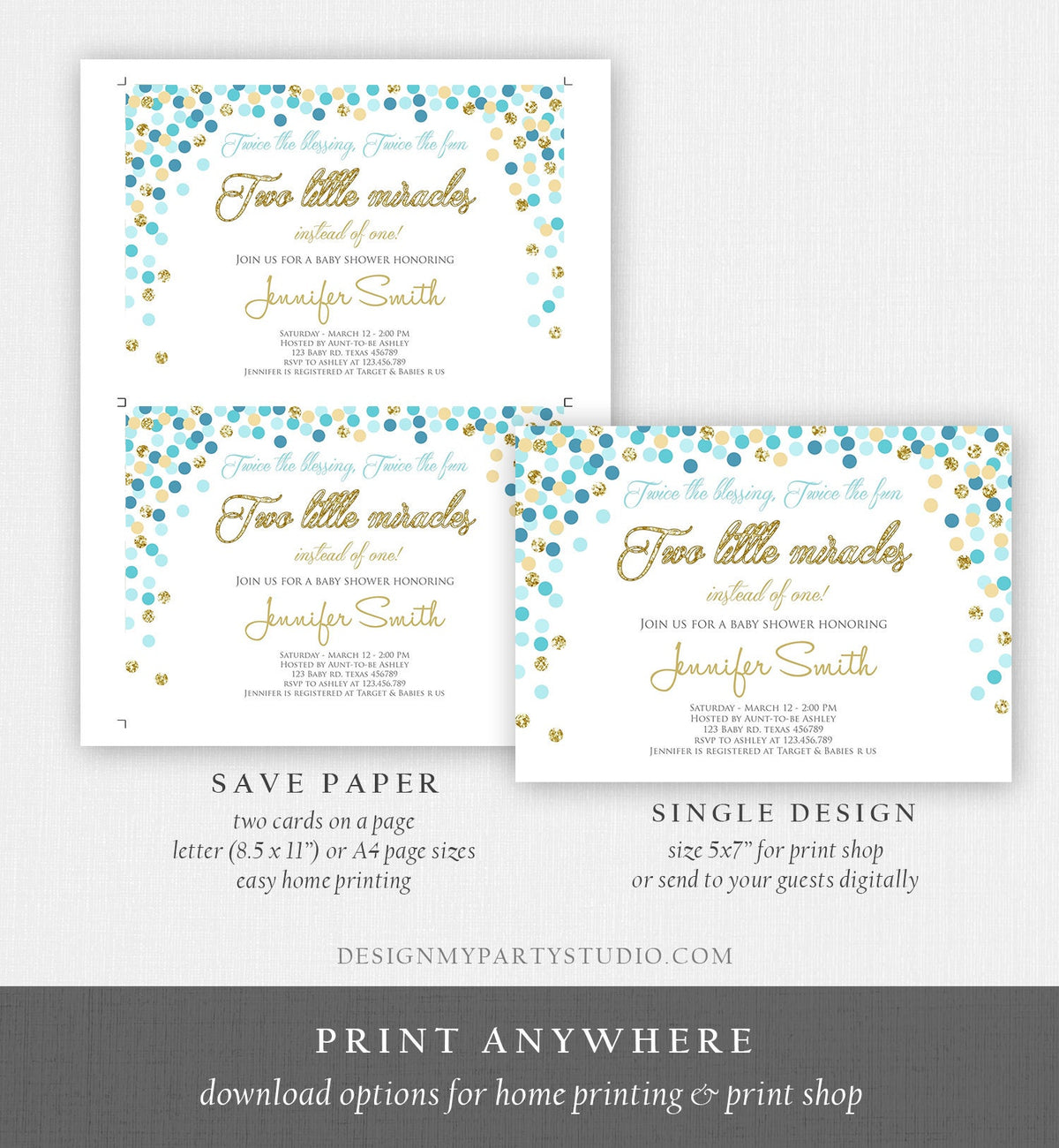 Editable Twin Baby Shower Invitation Boys Twin Boys Baby Blue and Gold Glitter Confetti Boy Baby Shower Invite Template Download Corjl 0133