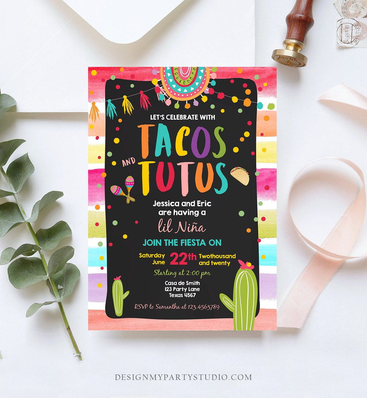 Editable Fiesta Tacos and Tutus Baby Shower Invitation Cactus Mexican Fiesta Couples Shower Taco Sprinkle Corjl Template Printable 0134