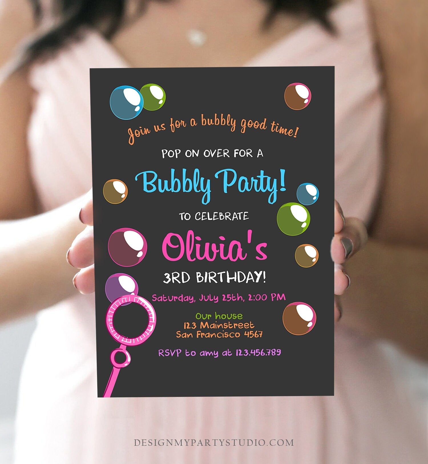Editable Bubble Birthday Invitation Bubbles Birthday Party Invite Pop Girl Pink Purple Summer Download Printable Template Corjl Digital 0035