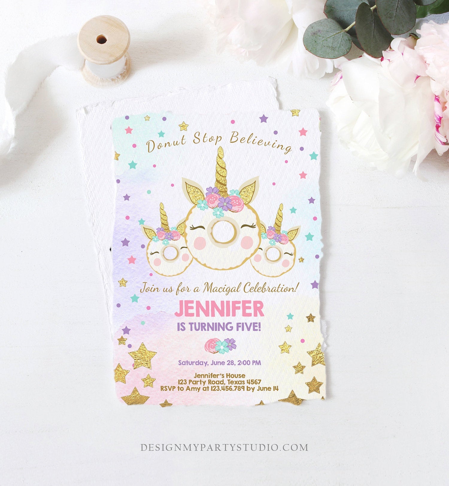 Editable Donut Unicorn Birthday Invitation Donut Stop Believing Magical Rainbow Party Doughnut Girl Pink Gold Corjl Template Printable 0041