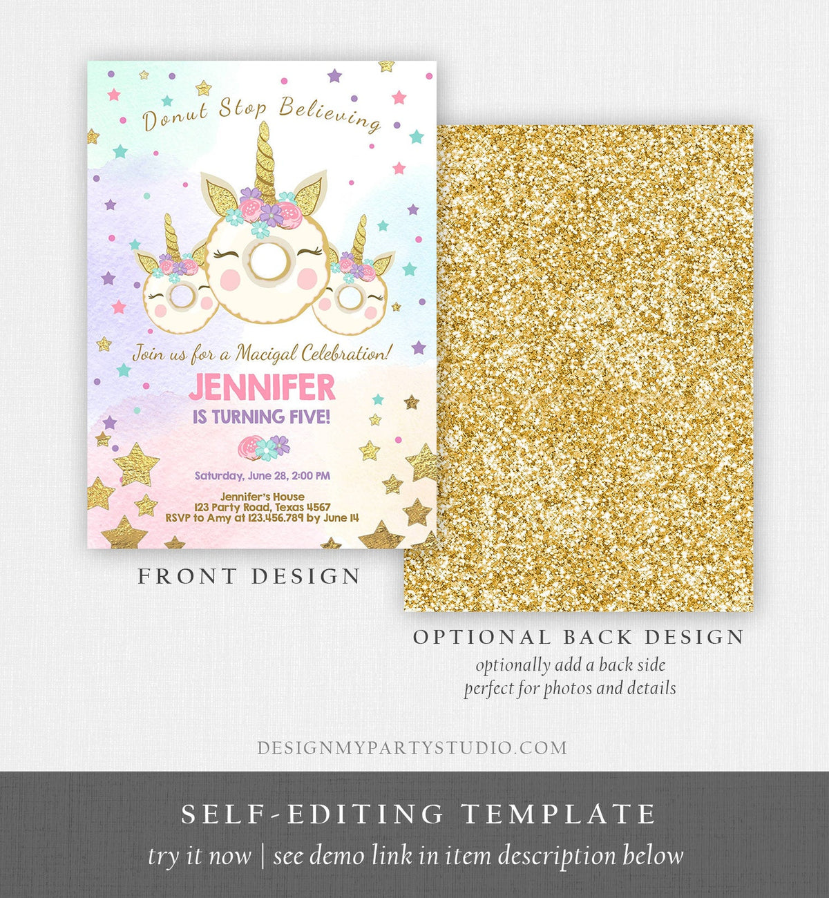 Editable Donut Unicorn Birthday Invitation Donut Stop Believing Magical Rainbow Party Doughnut Girl Pink Gold Corjl Template Printable 0041