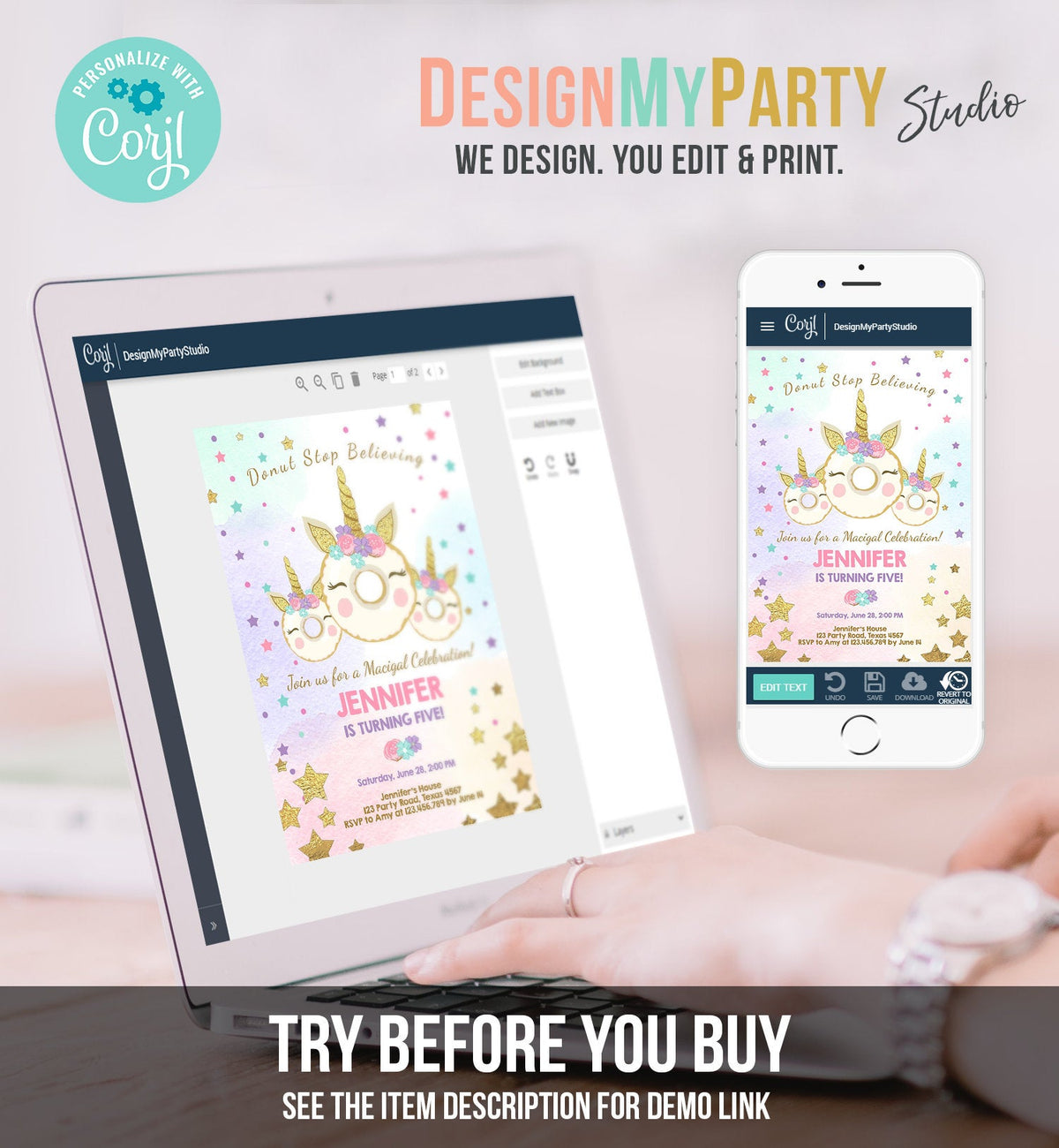 Editable Donut Unicorn Birthday Invitation Donut Stop Believing Magical Rainbow Party Doughnut Girl Pink Gold Corjl Template Printable 0041