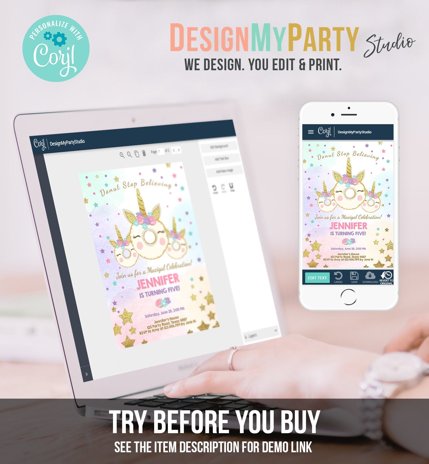Editable Donut Unicorn Birthday Invitation Donut Stop Believing Magical Rainbow Party Doughnut Girl Pink Gold Corjl Template Printable 0041